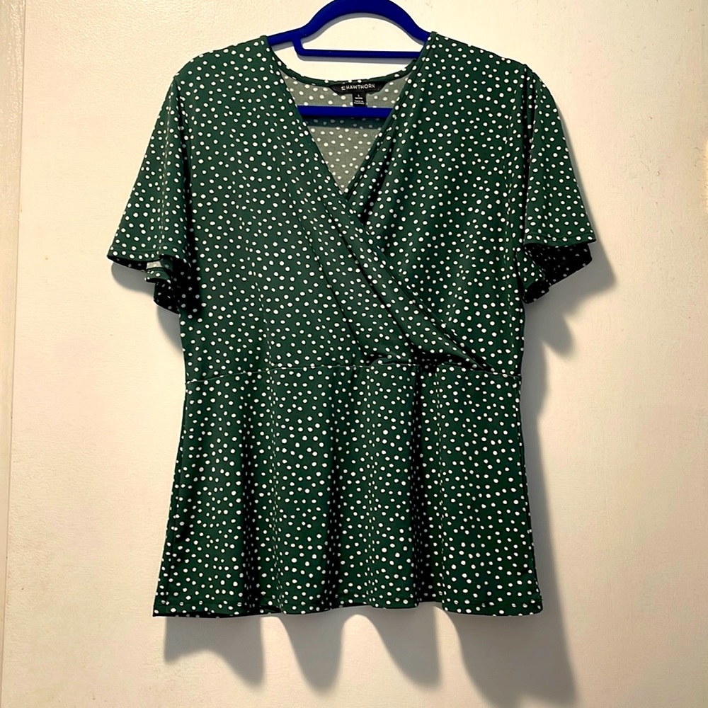Short sleeve fit and flare, green and white polkadot shirt